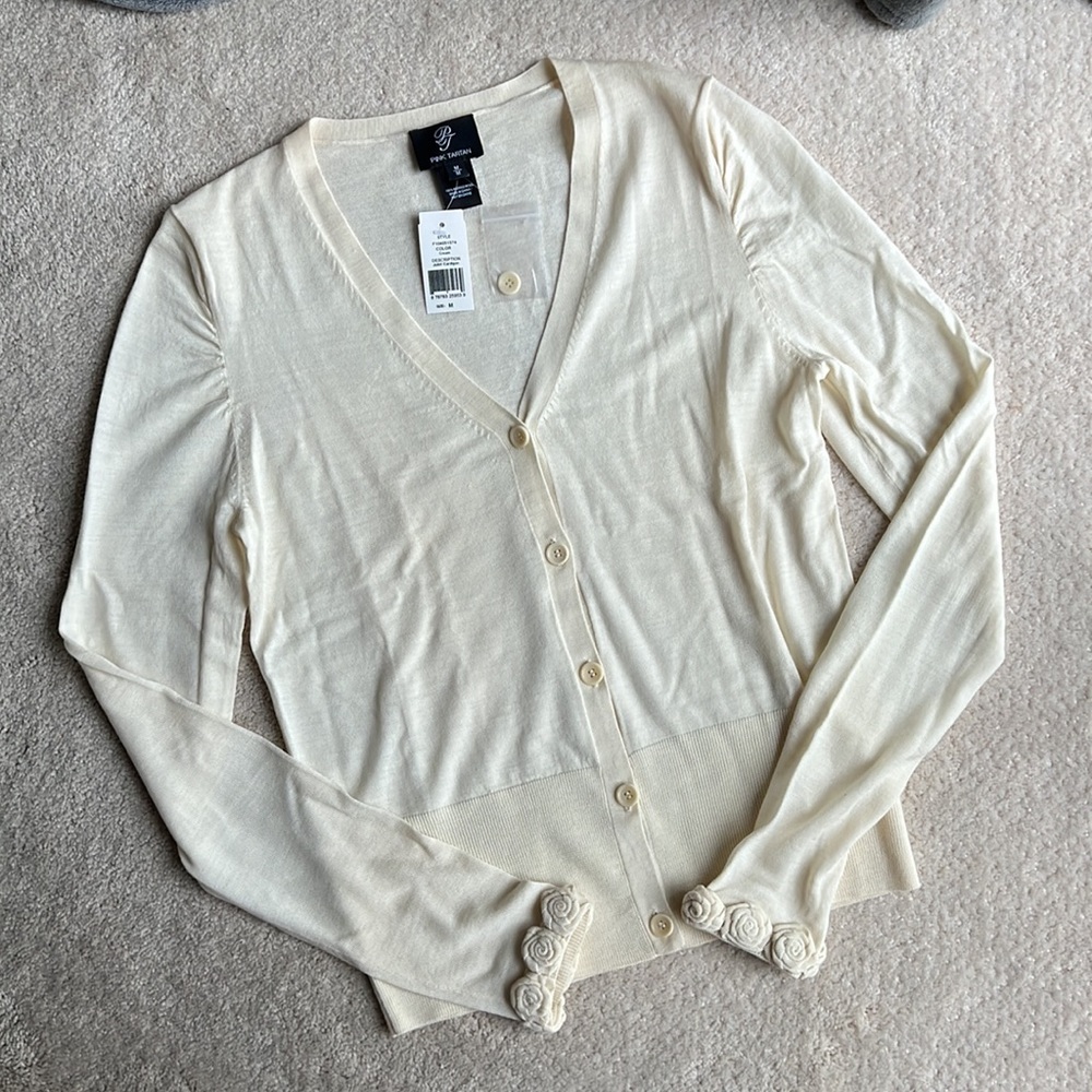Pink Tartan Cream Cardigan with Rose-Embellished Sleeves